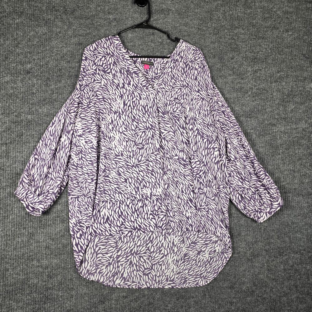 Vince Camuto 2X Purple White Abstract Print Blouse Split Neck Tunic